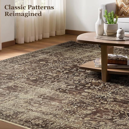 Vintage Brown 5x8 Area Rugs for Living Room, Distressed Earth Tone Dining Room Rug Washable Non Slip, Low Pile Thin Carpet Rugs for Den/Bedroom/Foyer/Home Office, Rich Coffee Brown