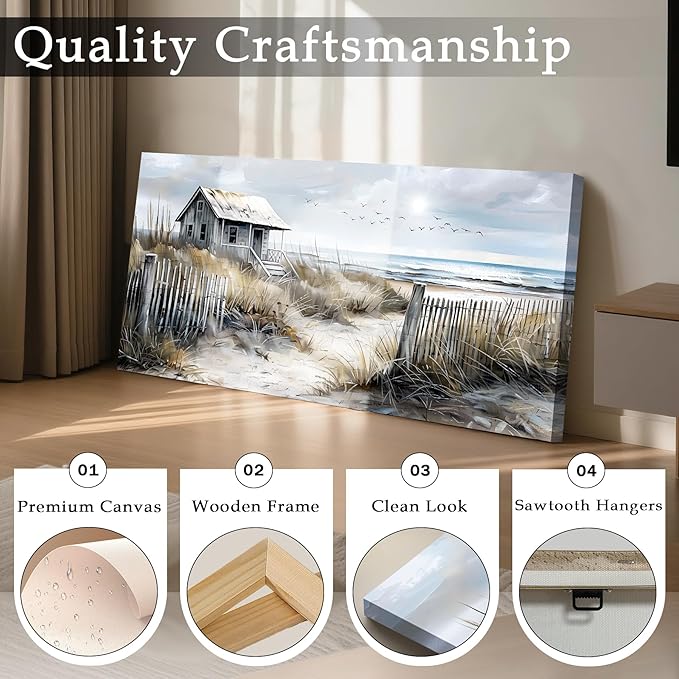 imjiayu Landscape Wall Art, Large Wall Art, Rustic Wall Decor, Coastal Cottage Canva Pictures Prints, Nostalgic Beach Paintings Wall Decor Living Room Bedroom Dining Room Modern Farmhouse 24"x48"