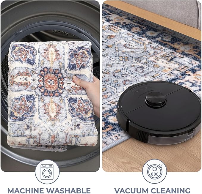 KOZYFLY Small Area Rug 2x3 Ft Rugs for Entryway Washable Boho Entry Rug Non Slip Door Mat Indoor Entrance Faux Wool Vintage Printed Kitchen Rug Throw Rugs for Entrance Kitchen, Blue Gray/Cream