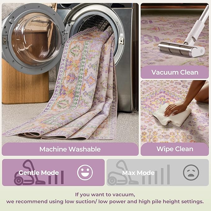 Kokia 5x7 Area Rugs for Living Room, Machine Washable Low Pile Rug, Non Slip Backing Boho Rugs for Bedroom, Printed Soft Vintage Carpet Lilac Lavender Purple 5 x 7