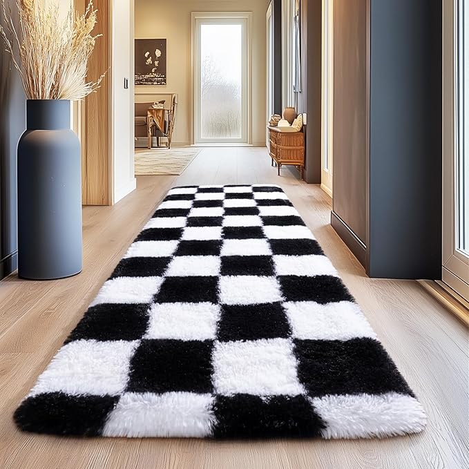 Fluffy Area Rugs for Living Room, Shaggy Carpets for Living Room, Upgrade Anti-Slip Fuzzy Rugs for Kids' Room, Perfect Decor for Modern Home Black White Grid 2x6 Ft