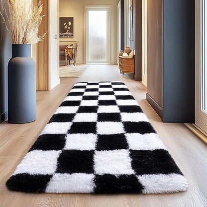 Fluffy Area Rugs for Living Room, Shaggy Carpets for Living Room, Upgrade Anti-Slip Fuzzy Rugs for Kids' Room, Perfect Decor for Modern Home Black White Grid 2x6 Ft