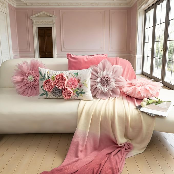 Handmade 3D Flower Throw Pillow Pink Decorative Daisy Floral Accent Pillow Cute Round Velvet Cushion for Bed Couch Car Chair Bedroom Living Room Boho Farmhouse Home Decor 12Inch Rose Gold