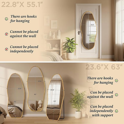 Dorlicecass Mirror Full Length - Irregular Full Body Wall Mirror Hanging 55"x 23" Asymmetrical Aviation Aluminum Alloy Frame Unique for Bedroom, Living Room, Cloakroom, Entryway