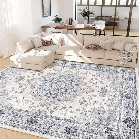 CAPALOCA Machine Washable Rugs Nursery Rug 4x6 Cute Girl Non Slip Low Pile Water Repellent Soft Print Pattern for Bedroom Indoor Decor Kids Playroom Blue White