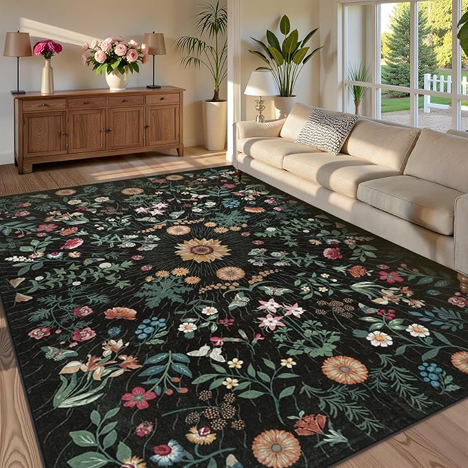LIVEBOX Sunflower Botanical Washable 8x10 Area Rugs, Black Rug for Living Room, Non Slip Rugs for Bedroom, Boho Floral Indoor Throw Dining Room Carpet for Under Table Home Office Nursery Playroom