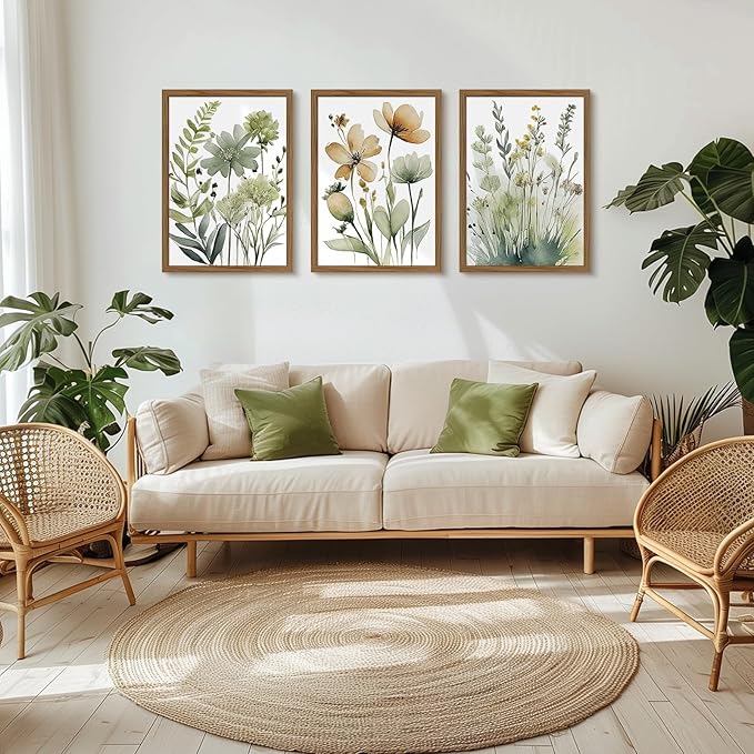Sage Green Botanical Wall Art Boho Floral Wall Decor Minimalist Plant Canvas Pictures Flower Botanical Prints Watercolor Wildflower Poster Painting for Bathroom Bedroom 12x16x3 Inch Wood Frame