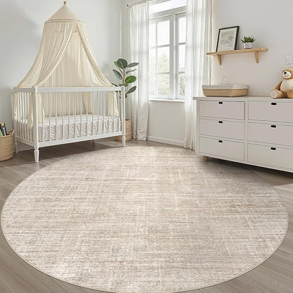 7ft Round Rug Living Room: 7x7 Washable Large Neutral Beige Circle Area Rug Abstract Soft Modern Stain Resistant Indoor Floor Non-Slip Carpet for Bedroom Nursery Kids Office Playroom Dining Room