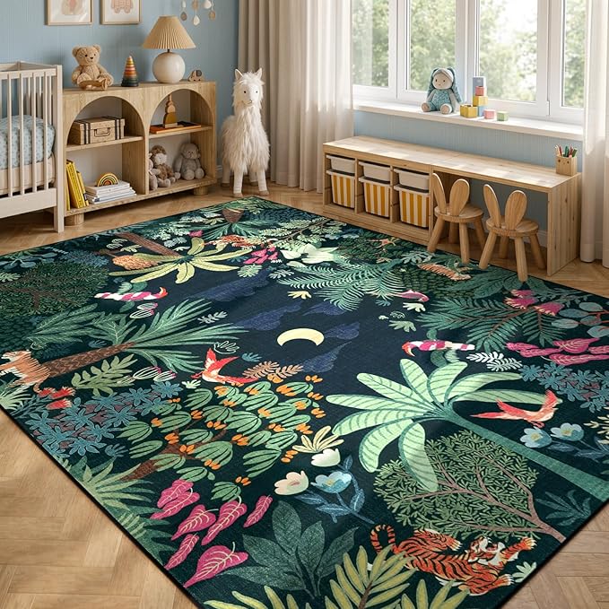 LIVEBOX Washable Jungle Dark Green Rugs 9x12 for Living Room, Stain Resistant Soft Kids Area Rugs for Bedroom, Non-Skid Modern Dining Room Rug Floor Carpet for Playroom Kids Nursery
