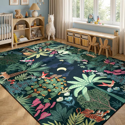 LIVEBOX Washable Jungle Dark Green Rugs 9x12 for Living Room, Stain Resistant Soft Kids Area Rugs for Bedroom, Non-Skid Modern Dining Room Rug Floor Carpet for Playroom Kids Nursery