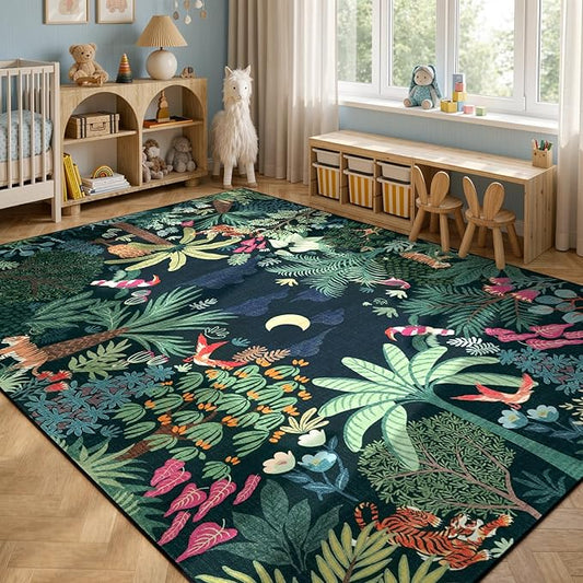 LIVEBOX Washable Jungle Dark Green Rugs 9x12 for Living Room, Stain Resistant Soft Kids Area Rugs for Bedroom, Non-Skid Modern Dining Room Rug Floor Carpet for Playroom Kids Nursery