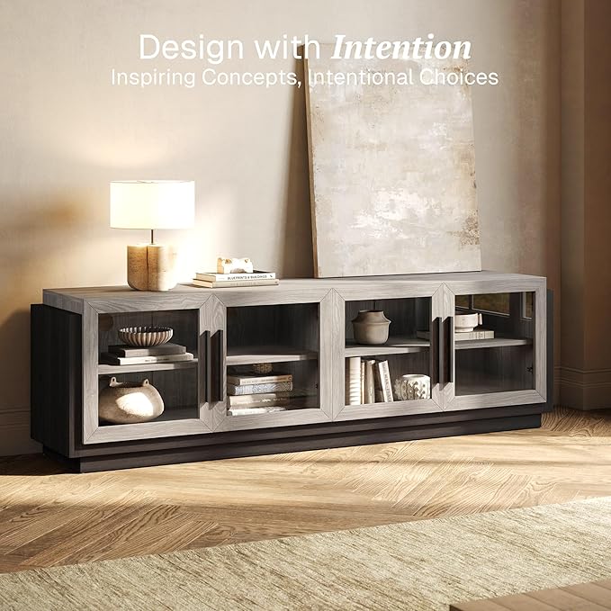 BELLEZE 70" TV Stand for TVs up to 75", Modern TV Cabinet & Entertainment Center with Shelves, Wood Storage Cabinet for Living Room or Bedroom - Brixston (Grey)