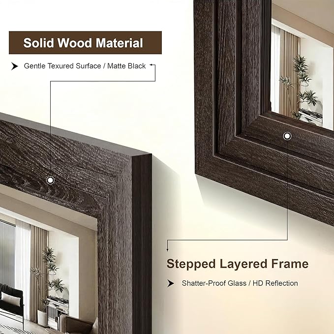 Wood Framed Mirrors for Wall, Brown Bathroom Vanity Mirror for Over Sink 26 x 38, Rustic Wall Mirror for Bathroom Sink Hallway Entryway Bedroom Living Room Farmhouse Boho Style