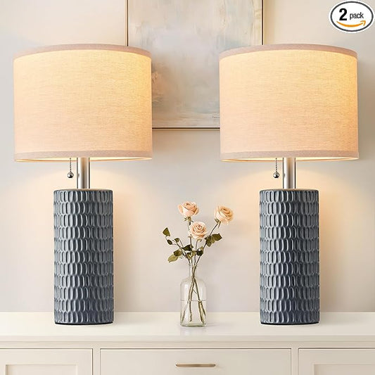 Reaketon 20.5" Modern Ceramic Table Lamps for Bedroom Set of 2, Bedside Lamps for Night Stands with Beige Lampshade, Farmhouse Table Lamp for Living Room Office Dorm, Grey