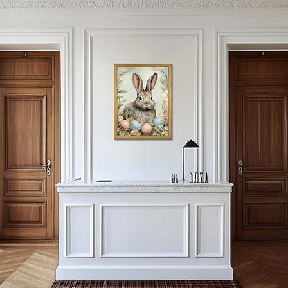Easter Bunny Wall Art, Vintage Rabbit Canvas Wall Decor, Easter Eggs Poster Print Picture, Spring Farmhouse Animal Painting for Living Room Bedroom Kitchen Holiday Home Decor 16x24 Inch Wood Framed
