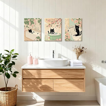 WENGTIAO Japanese Bathroom Wall Art Set of 3 Funny Black Cat Wall Paintings Cute Japan Cat Prints Pictures Animal on Toilet Photo Home Decor for Bathroom Restroom Laundry Room 12”x16”x3