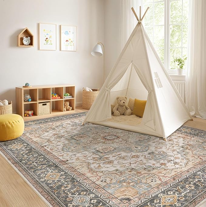 EIEIHOUSE Washable Area Rugs for Living Room - 5x7 Neutral Vintage Distressed Floral Farmhouse Boho Large Soft Floor Rug Indoor Non Slip Carpet for Bedroom Dining Room Office - Forest Green Orange