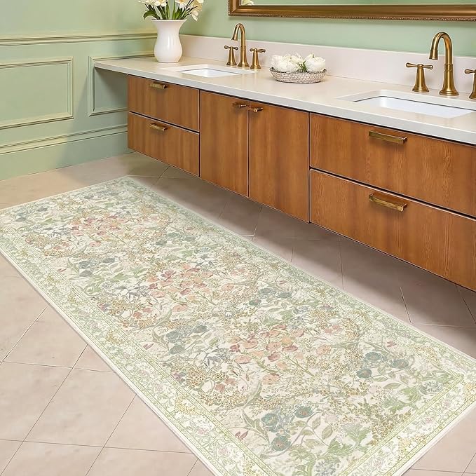 Lunasun Sage Green Non Slip Hallway Runner Rug - Long Runner Rugs 2x7 Washable Kitchen Floor Mat, Laundry Room Rug, Bathroom Runner - Vintage Design Décor