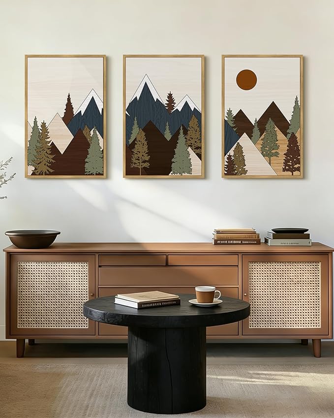 Drsoum Morden Mountains Landscape Wall Art Framed Boho Pine Tree Forest Nature Prints Boho Farmhouse Rustic Artwork Hallway Bedroom Ready to Hang 16x24in Natural Framed