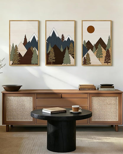 Drsoum Morden Mountains Landscape Wall Art Framed Boho Pine Tree Forest Nature Prints Boho Farmhouse Rustic Artwork Hallway Bedroom Ready to Hang 16x24in Natural Framed