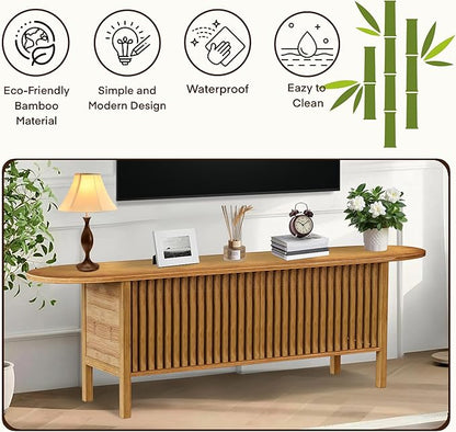 Bamboo TV Stand for TVs up to 65", Accent Entertainment Center with Storage, Media Console Table with Fence Door, Modern TV Stand for Living Room, Bedroom, 55"(L), Walnut