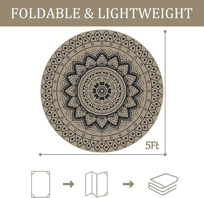 Easy Jute Outdoor Round Rug, 5ft Washable Indoor Outdoor Patio Rug, Black Non Slip Round Area Rug Farmhouse, Boho Carpet for Backyard Patio