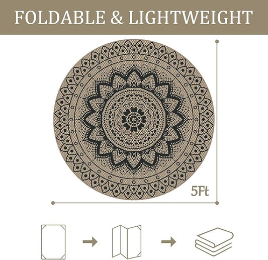 Easy Jute Outdoor Round Rug, 5ft Washable Indoor Outdoor Patio Rug, Black Non Slip Round Area Rug Farmhouse, Boho Carpet for Backyard Patio
