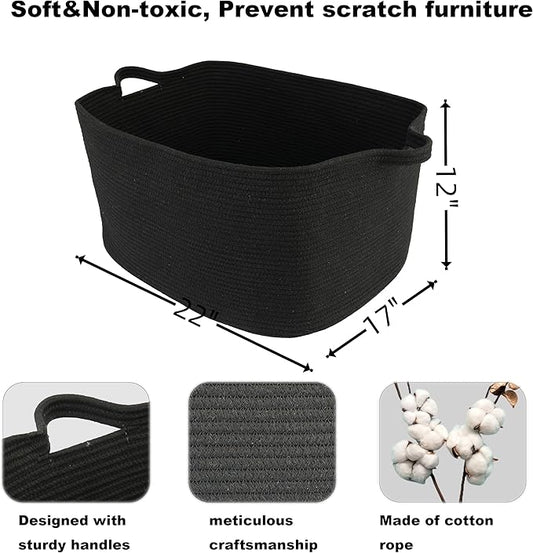 XUANGUO Large Rectangle Blankets Basket Living Room 22"x17"x12" Woven Cotton Rope Storage Baskets for Nursery Toy Baskets for Kids and Dogs Wicker Laundry Basket Bin for Clothes Towels black