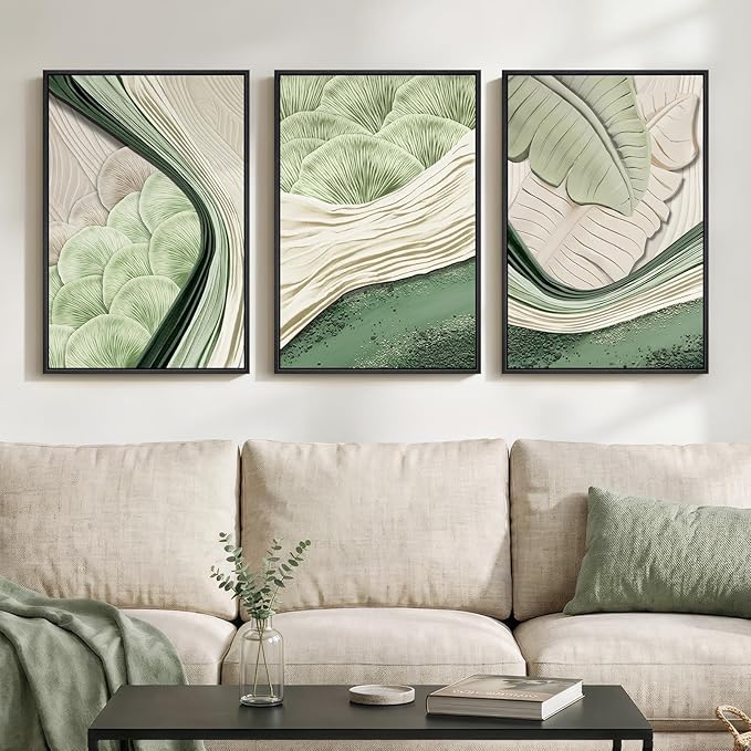 Framed Green Abstract Wall Art Bedroom, 3 Piece Botanical Modern Minimalist Canvas Print Artwork for Walls, Leaf Paintings Pictures for Small Living Room Dining Room Office Wall Art Decor, 16x24 Inch