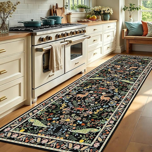 Black Floral 2'6"x8' Washable Non Slip Runner Rugs for Hallways, Non Skid Stain Resistant Rug Runners for Kitchen, Entryway, Mudroom - Dark Floral Cottagecore Home Decor
