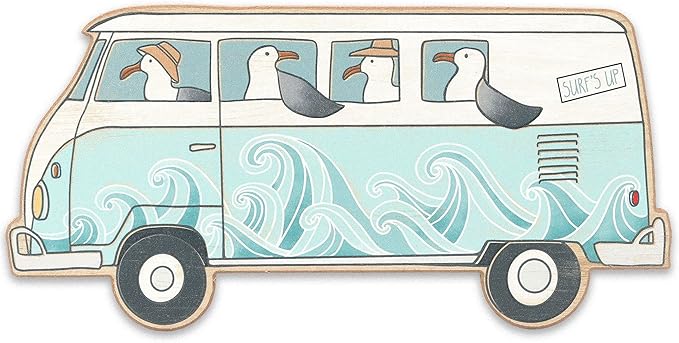 Open Road Brands Seagulls On A Bus Retro Wood Wall Decor - Beachy Wall Art for Bathroom, Living Room, or Sunroom