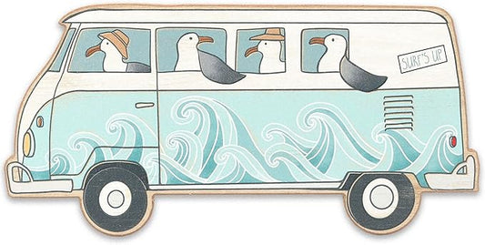 Open Road Brands Seagulls On A Bus Retro Wood Wall Decor - Beachy Wall Art for Bathroom, Living Room, or Sunroom
