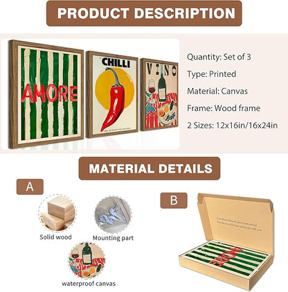 Framed Kitchen Wall Art Set of 3, Abstract Table Food Kitchen Wall Decor, Chilli Pictures Prints Artwork, Vintage Dining Room Canvas Painting, Modern Kitchen Home Decoration – 16x24 inch