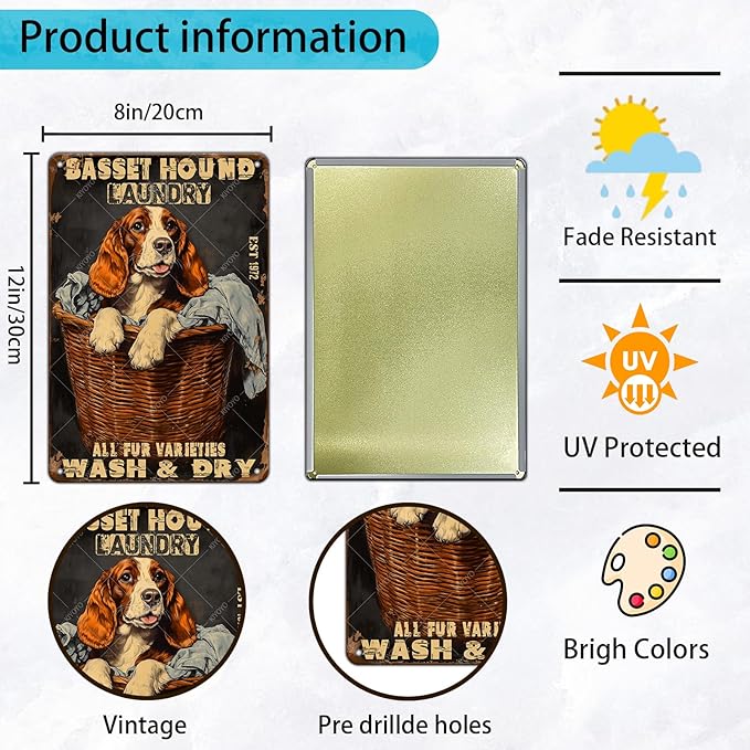 Retro Metal Poster Basset Hound Laundry Wash And Dry Metal Tin Signs Vintage Plaque Wall Decor for Home Laundry room Bathroom 12x8 Inch