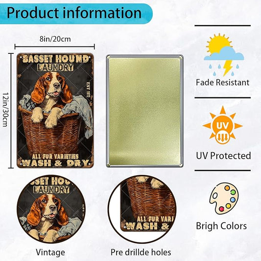 Retro Metal Poster Basset Hound Laundry Wash And Dry Metal Tin Signs Vintage Plaque Wall Decor for Home Laundry room Bathroom 12x8 Inch