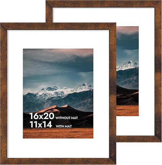 iRahmen 16x20 Poster Frame with 11x14 Mat - Plexiglass Wooden Picture Frames for Photo Wall Gallery Mounting (Dark Brown, Set of 2)