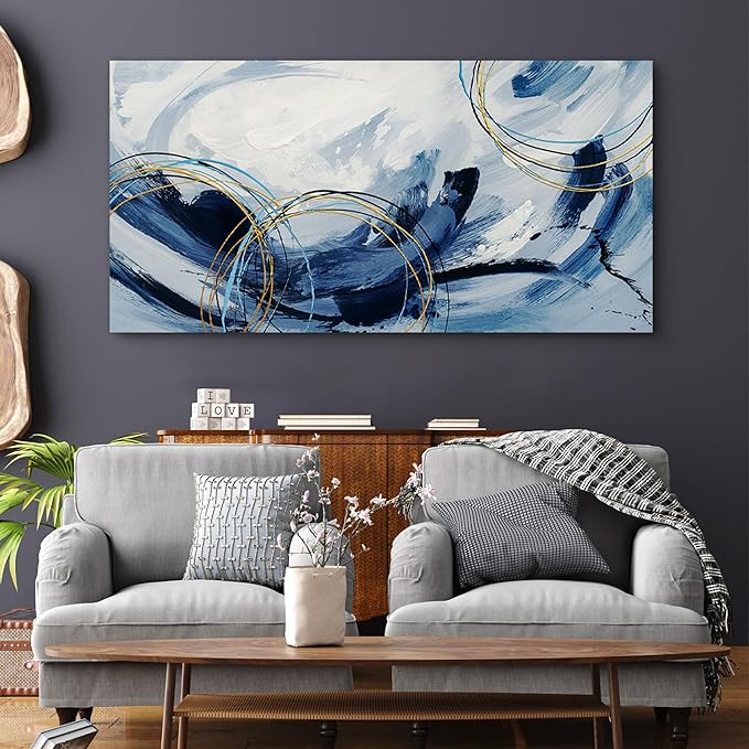 yiijeah Large Canvas Wall Art for Living Room - Blue and White Abstract Picture Framed Artwork for Walls Bohemian Minimalism Prints Paintsings Wall Decor for Office Bedroom 40x20 Inches