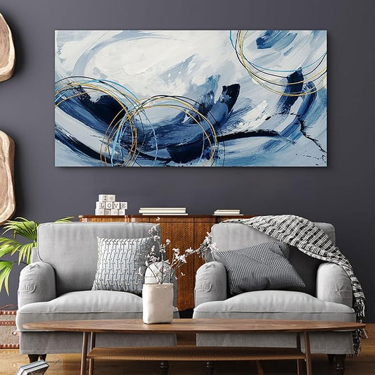 yiijeah Large Canvas Wall Art for Living Room - Blue and White Abstract Picture Framed Artwork for Walls Bohemian Minimalism Prints Paintsings Wall Decor for Office Bedroom 40x20 Inches