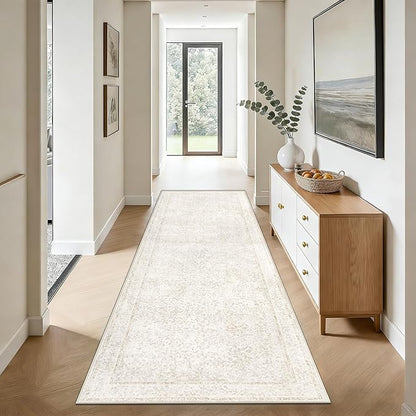 2x8 Hallway Runner Rug: Washable Vintage Floral Entryway Rugs Low Pile Non-Slip Boho Carpet for Kitchen, Bedroom, Bathroom, Dining Room (FloralBeige, 2'x8')