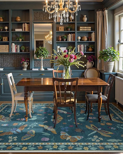Lahome Insect Washable Rugs 8x10, Soft 8x10 Area Rugs for Living Room, Non Slip Bedroom Rug Under Bed Ultra-Thin Large Carpet for Dining Room Office Playroom Vionnet(8'x10',Dark Green)