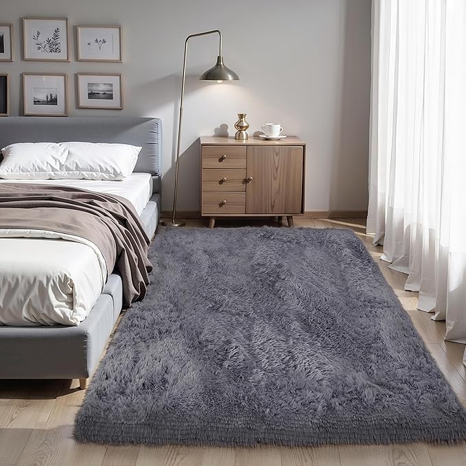 KICHOWUA Thick Area Rug 5x7 Grey Fluffy Shag for Bedroom, Extra Soft Plush Fuzzy Washable Thickened Non-Slip Floor Carpet for Living Room, Cozy Furry Shaggy Rug for Kids Baby Boys Girls Nursery Dorm