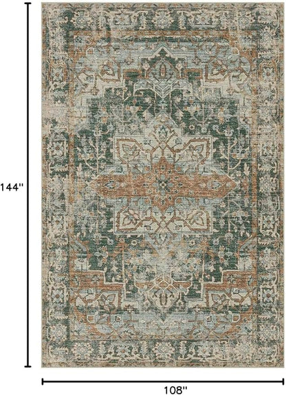 Rugxara 9x12 Area Rug for Living Room Bedroom, Extra Large Washable Rug, Green Vintage Retro Boho Rug, Non Slip & Low Pile Faux Wool Carpet for Indoor Dining Room and Kids Room(Green/Brown 9x12ft)