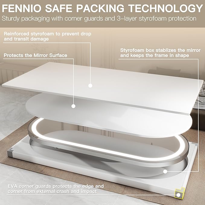 FENNIO 71" x 32" Large Wall Mounted Mirror with LED Lights, Oval Full Length LED Lighted Full Body Dressing Mirror for Bedroom, Salon, Brushed Aluminum Frame, Tempered Glass