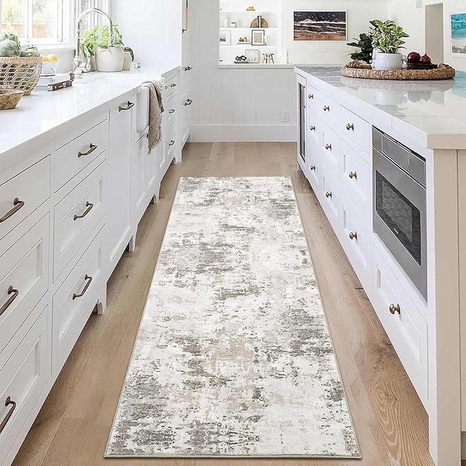 ROYHOME Modern Abstract 2x10 Runner Rug Non Slip Non Shedding Rug Low Pile Stain Resistant for Bedroom Hallway Kitchen,Taupe/Beige