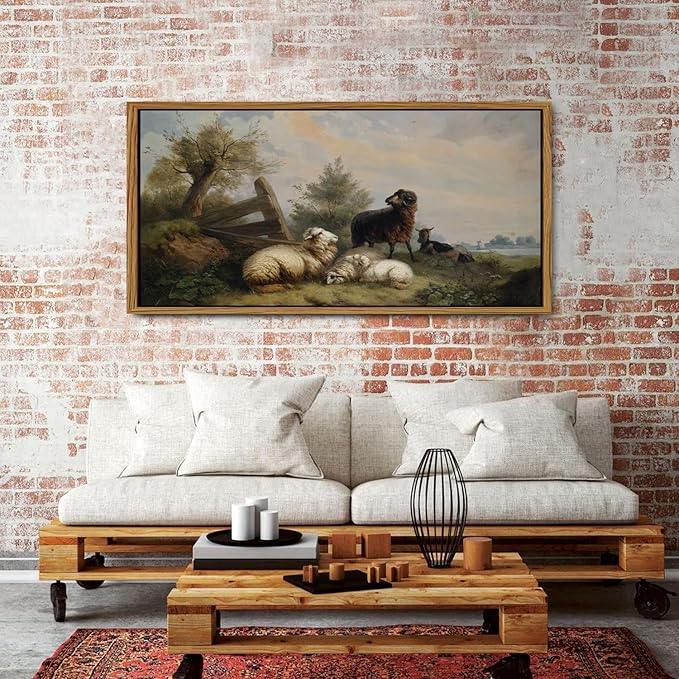 Farmhouse Sheep Framed Canvas Wall Art Vintage French Country Nature Landscape Wall Decor Countryside Meadow Flock of Sheep Animal Poster Prints Artwork for Kitchen Bedroom Home Decoration 30x57.8