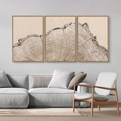 SIGNINART Large Tree Ring Framed Canvas Wall Art Set, Rustic Beige Nature Wooden Wall Decor, Neutral Wood Stump Artwork, Modern Art Prints for Bedroom Living Room Office 24"x36"x3