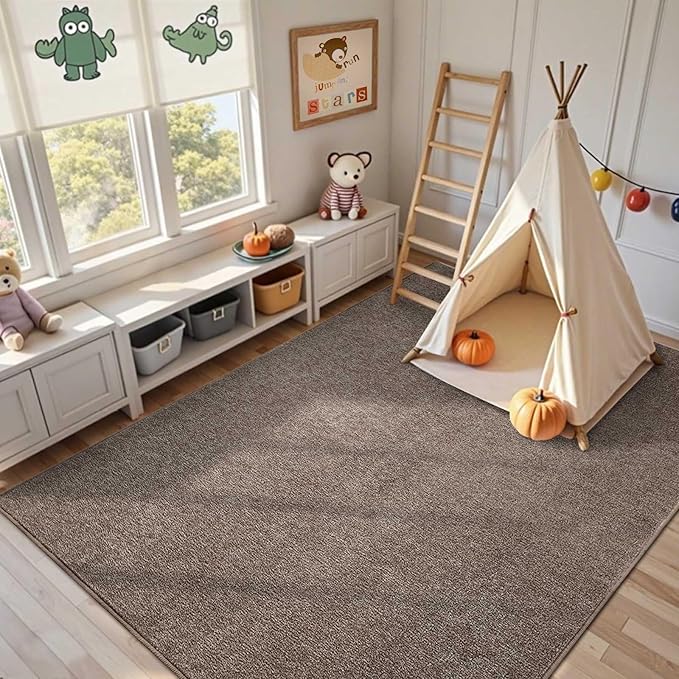 FinRèc Low Pile 5x7 Washable Area Rugs for Bedroom Living Room, Thin Rug Solid Color, Non-Slip Carpet Indoor for Home Decor (Brown/White)