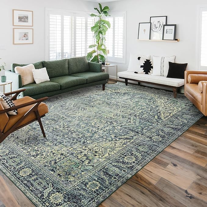 Boho Washable Rug for Living Room 6x9 Dark Academia Emerald Green Rug Oriental Carpet Forest Hunter Green Floor Covering