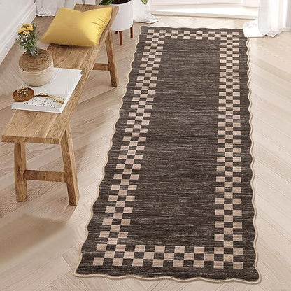 Rug Runners for Hallways 2x8 Washable Kitchen Runner Rug Non Slip Low Pile Bedside Throw Carpet Modern Bordered Bathroom Runners Checkered Area Rug for Living Room Bedroom Entryway Nursery, Brown