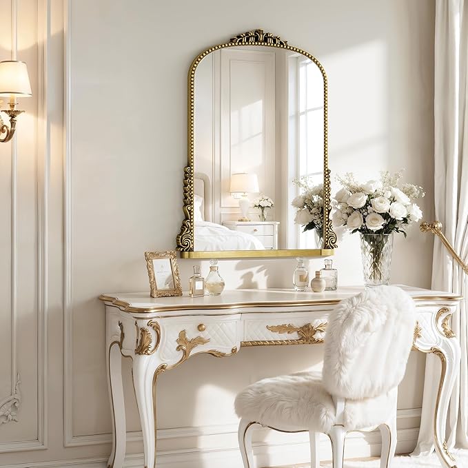 24x32 inch Arched Bathroom Mirror - Wall Vanity Mirror with Beautiful Retro Top and Bottom Engraving Process Frame, for Entryway, Fireplace, Living Room, Hallway or Wall Decor (Upgrade Tempered Glass)